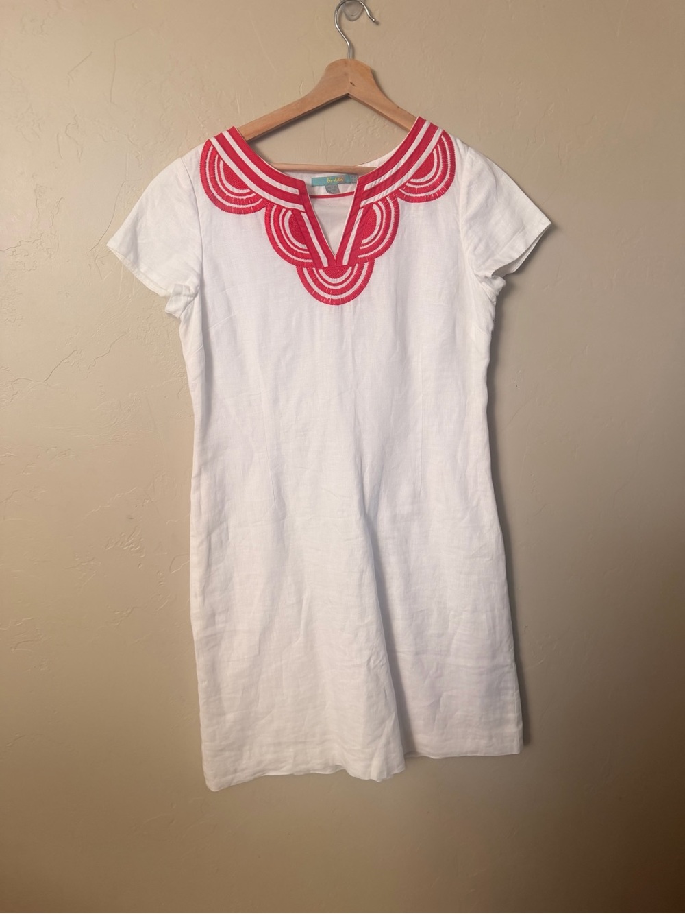 Boden White Dress with Red Trim and Embroidered Detail